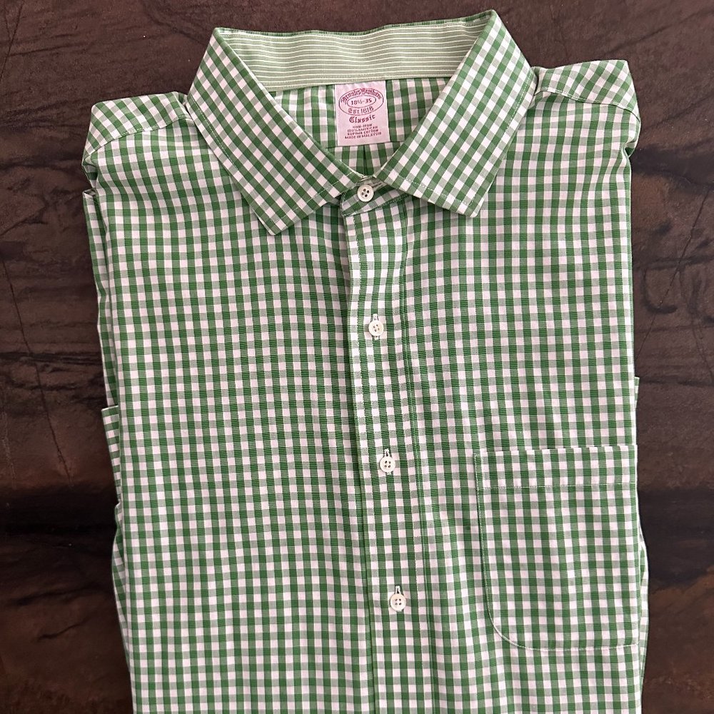 Brooks Brothers 18.5 34/35 Green/White hatched button down shirt-